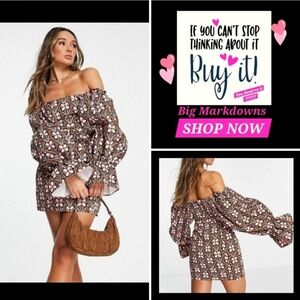 ASOS Off-Shoulder Floral Mini Dress - Black and Pink. NWT Size 4